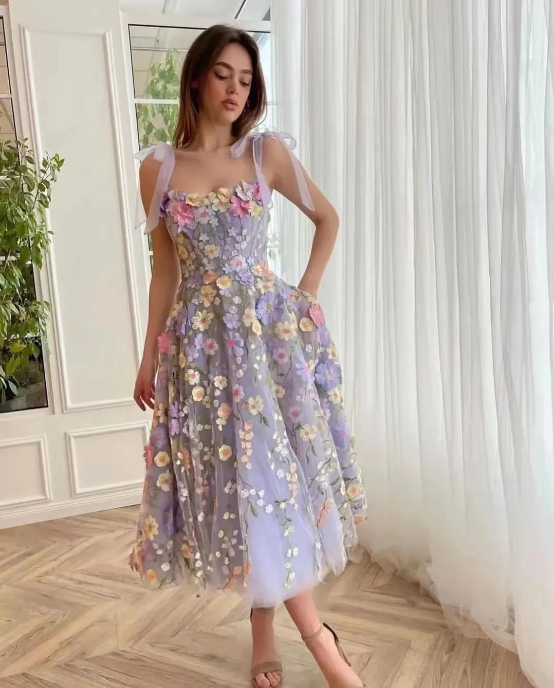 Brand Designers Evening Prom Holiday Dress For Women Formal Occasions 3D Flower Embroidery Straps Bow Sexy Tulle Lace Vestidos