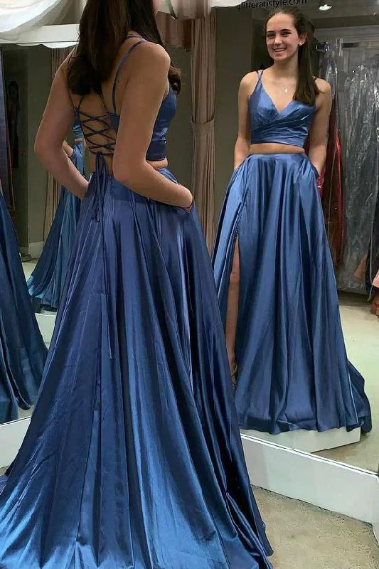 Two Piece Lace Up Long Blue Prom Dress cg2954