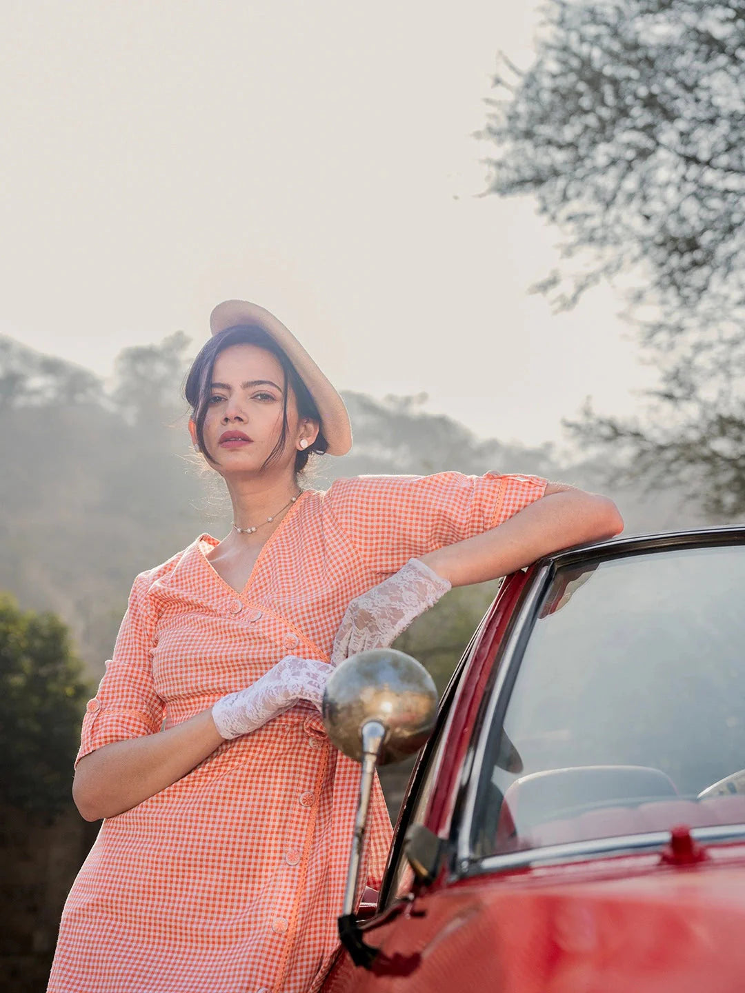 Yufta Orange Cotton Check Comes With A Belt Dress
