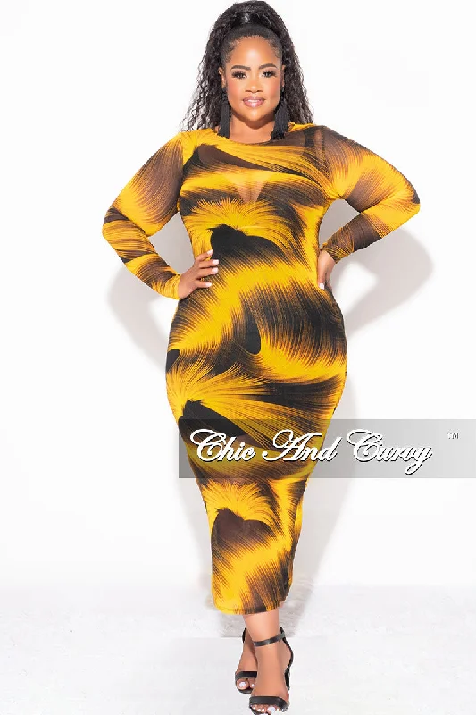 Final Sale Plus Size Crew Neck Long Sleeve Mesh Dress in Black and Yellow
