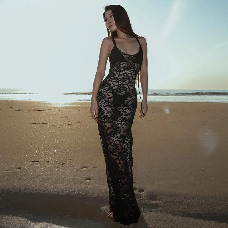 cross-border new women's fashion one-shoulder sexy perspective lace slim suspender dress female