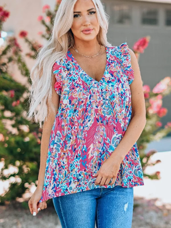 Bohemian Flounce V Neck Tank Top with Plant Pattern solid color tank