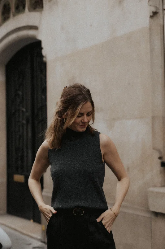 Cashmere Mock Neck Tank Dark Grey charcoal tank top