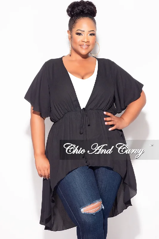 Final Sale Plus Size Chiffon High-Low Duster / Dress with Front Drawstring in Black