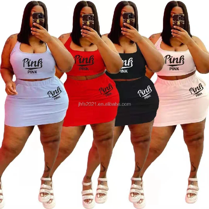 J&H fashion PINK printed plus size sexy summer two piece skirt set casual women's breathable tank tops skirt set club wear cozy tank top