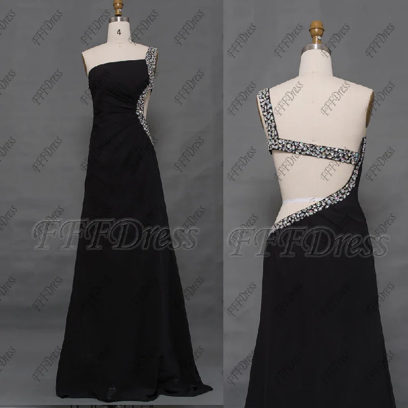 Backless black crystal prom dress long