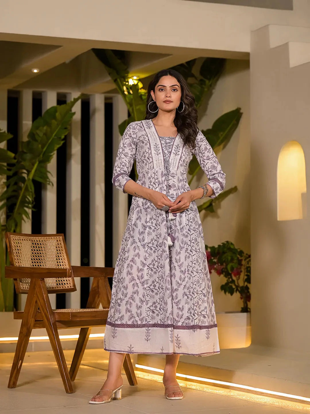 Yufta Purple Floral Print Kantha Work A-Line Dori Work Dress
