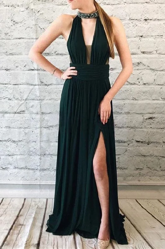Beading Halter Chiffon Long Prom Dress, Split Keyhole Formal Evening Dress  cg3572