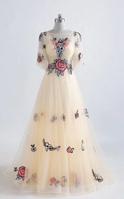 Champagne Floral Print Lace Appliques Floor Length Prom Dress  cg3684