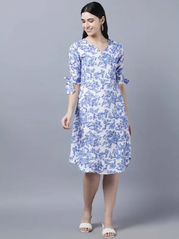 Myshka Women White Blue Printed A-Line Dress