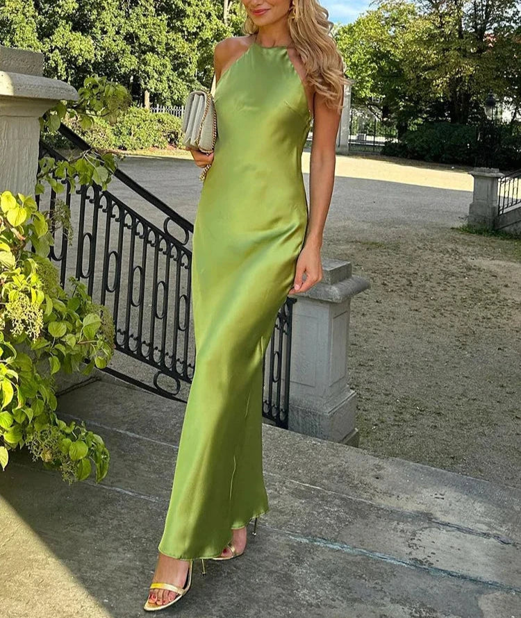 Women Fashion Elegant Halter Backless Solid Satin Dress Casual Chic Dress Sexy Nightclub For Eveninig Party Mujer Vestidos