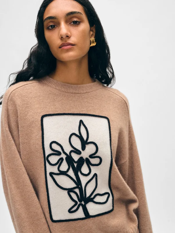 Cashmere Floral Appliqué Crewneck