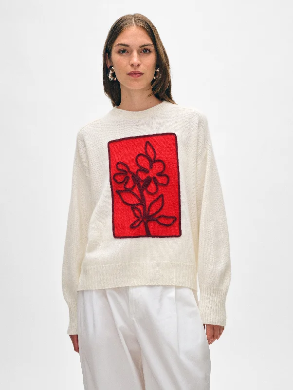 Cashmere Floral Appliqué Crewneck