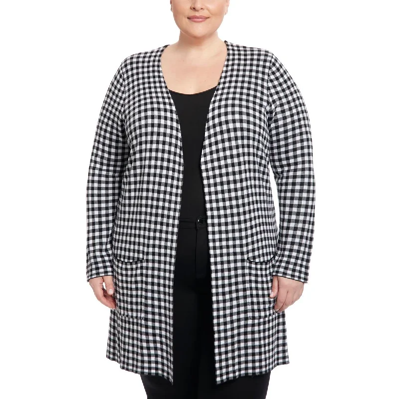 Joseph A. Womens Plus Checkered Open Front Duster Sweater