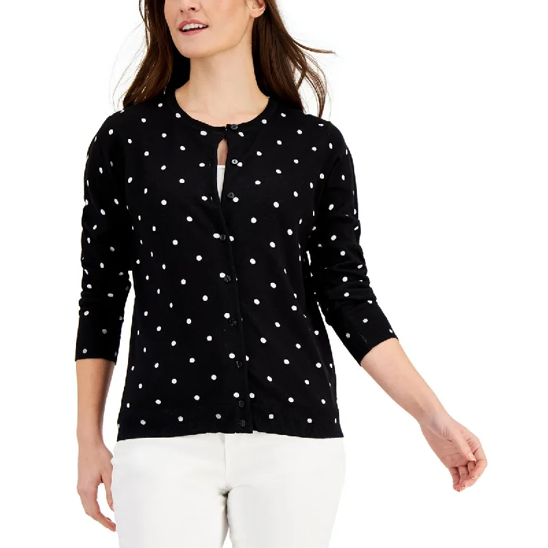 Karen Scott Womens Petites Polka Dot Crewneck Cardigan Sweater