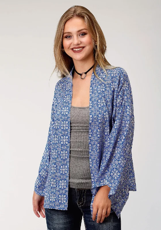 Roper Womens Blue Rayon/Nylon Tile Print Cardigan