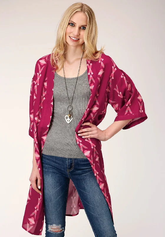 Roper Womens Wine Rayon/Nylon Aztec Print Kimono Cardigan