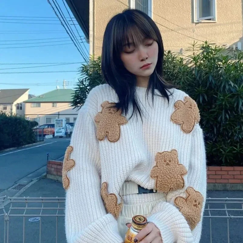 Znbbw Cartoon Bear Sweater Women Cute Knitted Pullovers Japanese Harajuku Oversized Knitwears Korean Loose Casual Jumper Tops