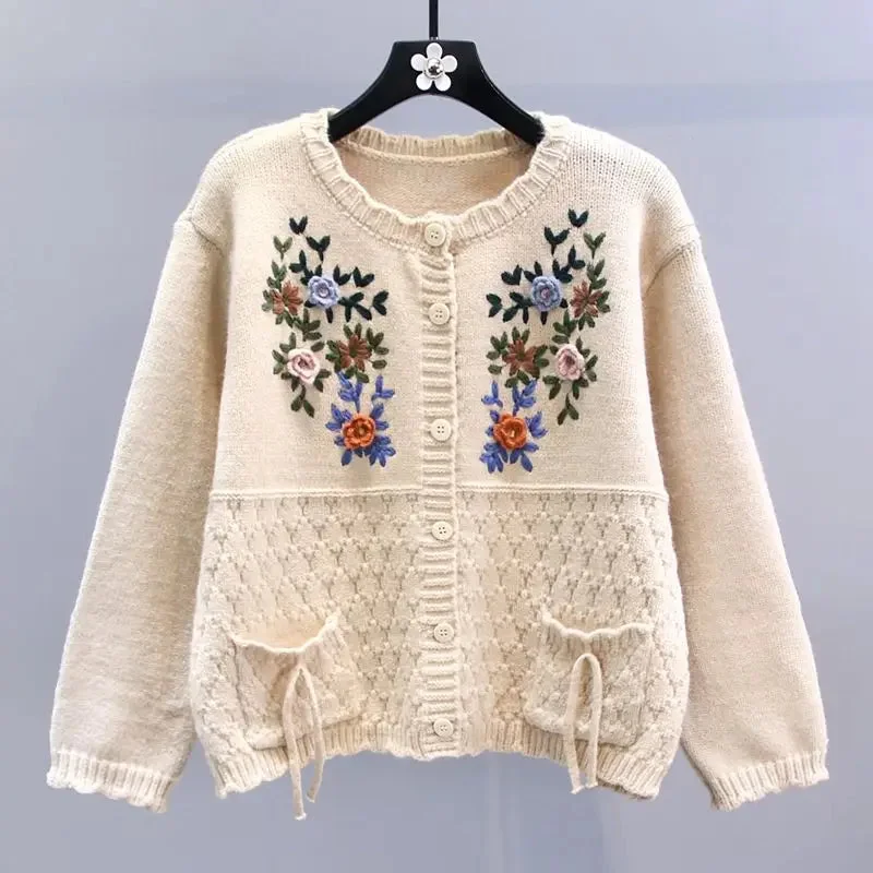 Znbbw Chic Cardigan Knit Coats Single Breasted Flower Embroidery Pockets Sweaters All Match Vintage Autumn Loose Women Clothing