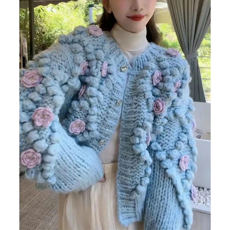 Znbbw Crop Knitted Cardigans Women 3D Flower Sweater Coat Sweet Single Breasted Knitwears Jackets Korean Loose Jumper Outwear