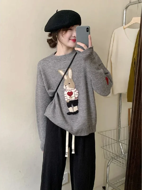 Znbbw Fashion Y2k Sweaters Cartoon Rabbit Jacquard O Neck Long Sleeve Knit Pullovers Autumn Loose All Match Women Clothing 2024