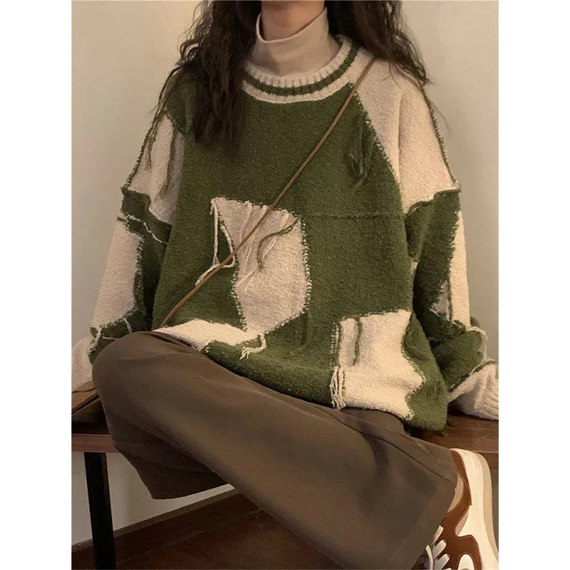 Znbbw Patchwork Sweater Women Harajuku Tassel Oversized Knitted Pullovers Streetwear Korean Casual Knitwear All Match Jumpers