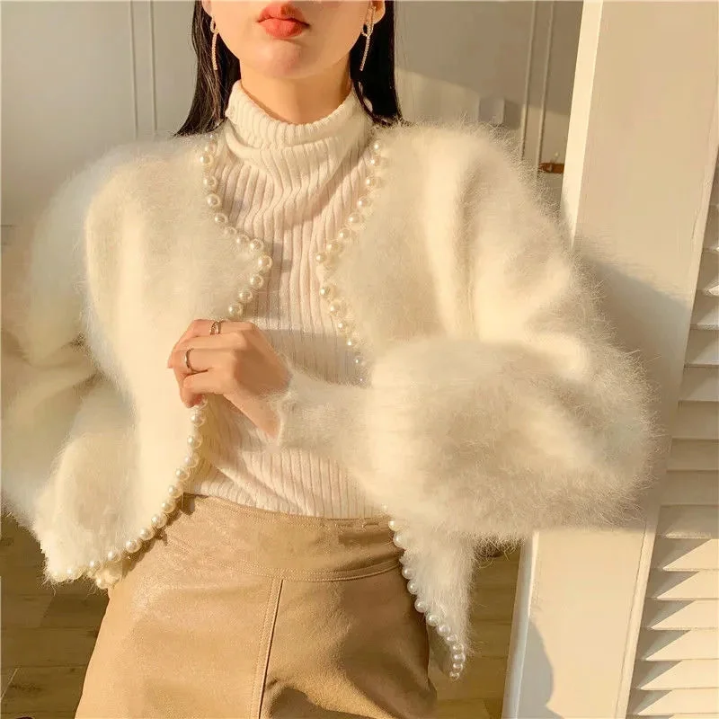 Znbbw Pearls Knitted Cardigan Women Mink Cashmere Sweater Coat Korean Sweet Cropped Patchwork Knitwear Elegant Jumper Tops New