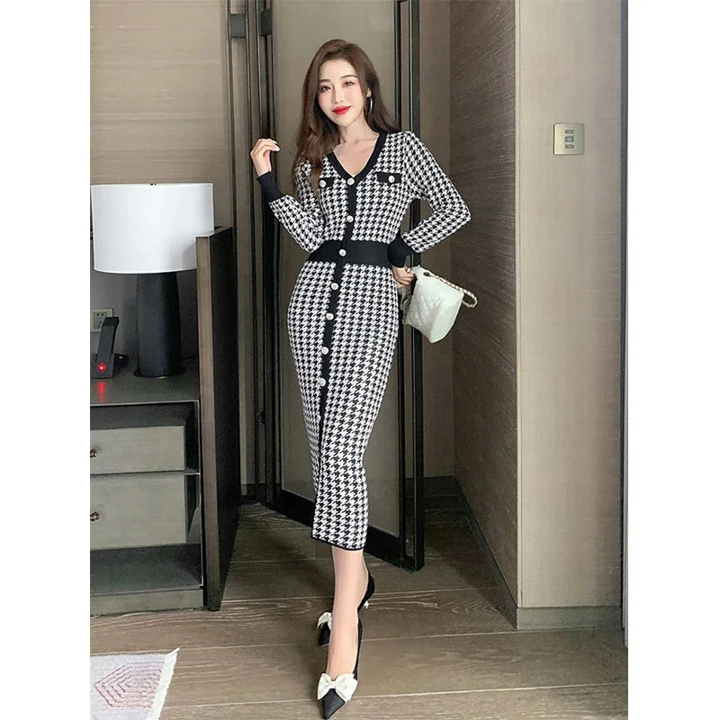 Znbbw Plaid Knitted Midi Dress Women Bird Lattice Sweater A Line Dresses Korean Elegant V Neck Patchwork Bodycon Vestidos New