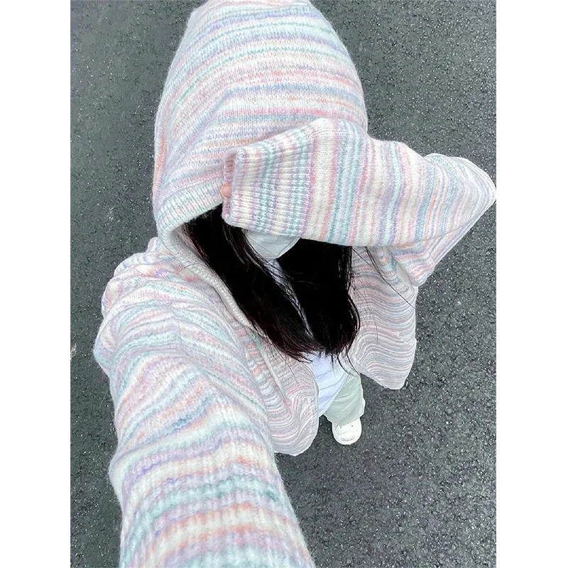 Znbbw Striped Knitted Cardigan Women Oversized Hooded Sweater Coat Streetwear Korean Zipper Knitwear Harajuku Sweet Casual Jumper