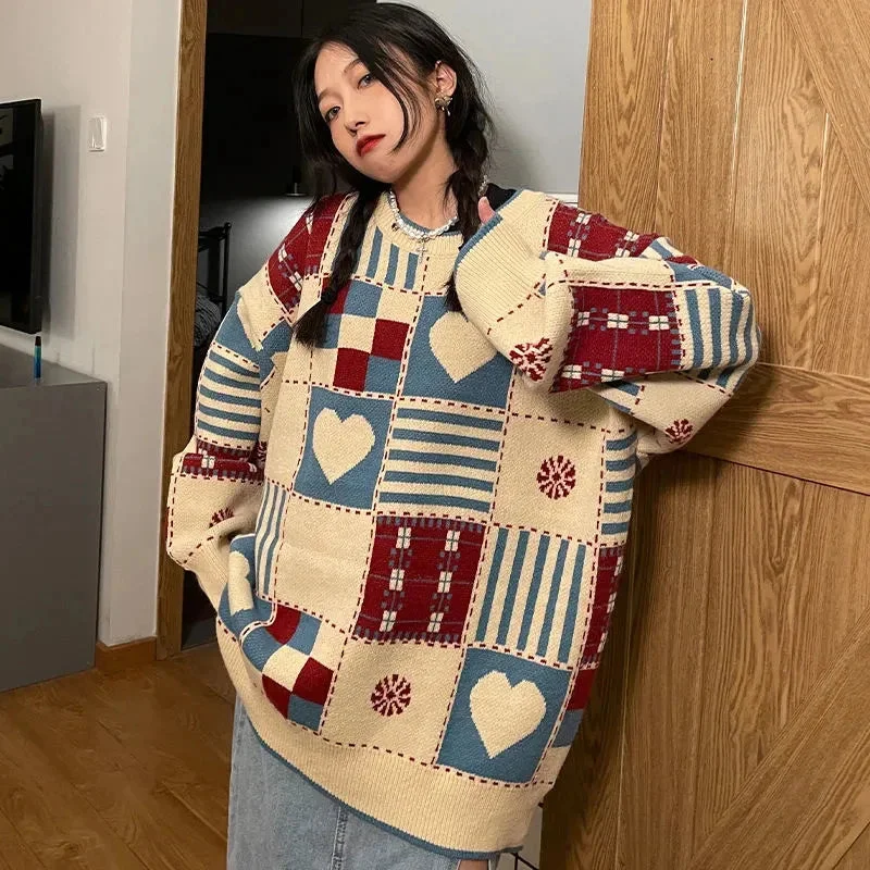 Znbbw Sweater Women Plaid Love Knitwear Harajuku Oversized Print Knit Jumpers Streetwear Korean Heart Casual Pullovers Tops