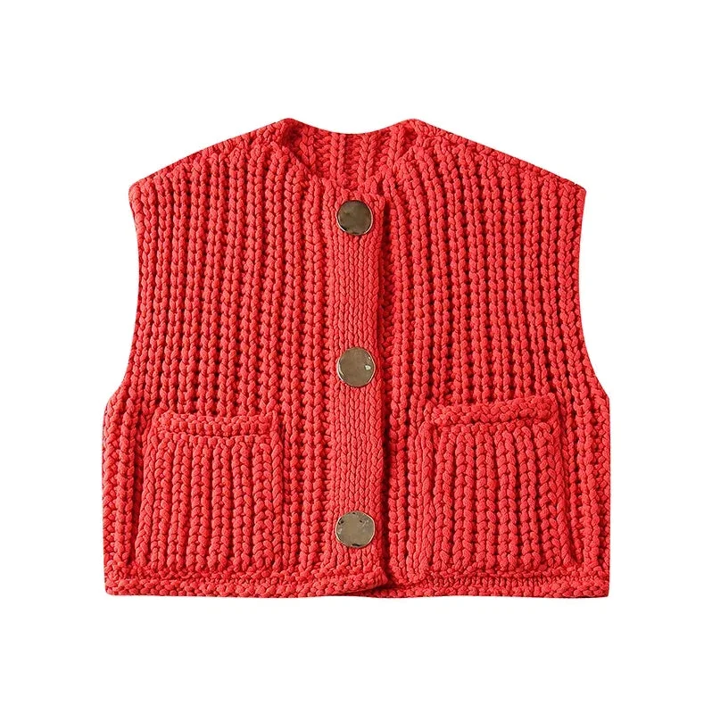 Znbbw Women Knit Cardigan Vest Casual Red Sleeveless O-neck Metal Button Sweater Tank Top Lady High Street Knitted Waistcoat