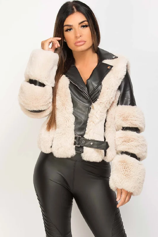 Beige Faux Fur Faux Leather Aviator Jacket Black