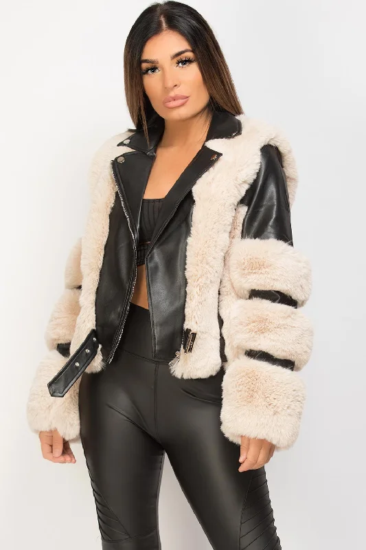 Beige Faux Fur Faux Leather Aviator Jacket Black