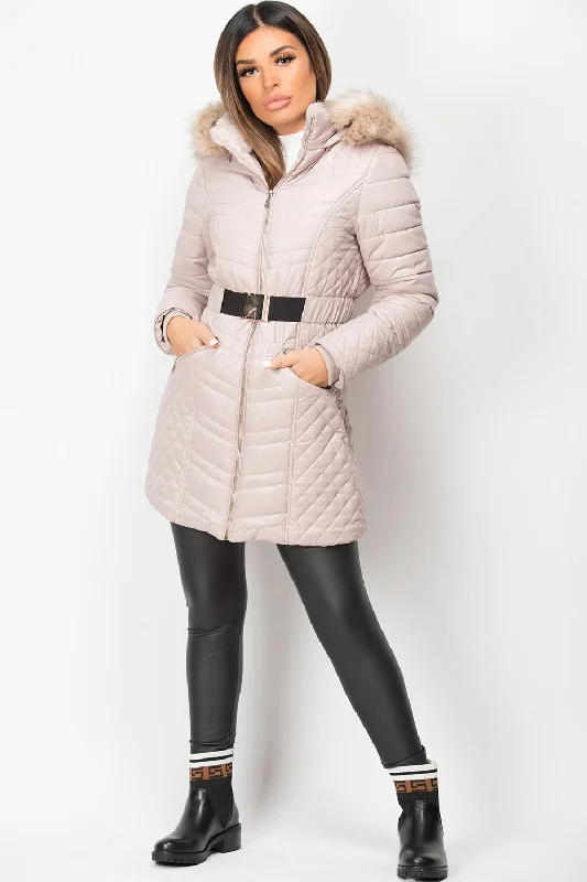 Beige Faux Fur Hooded Padded Coat With Belt