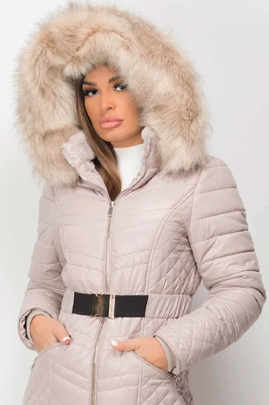 Beige Faux Fur Hooded Padded Coat With Belt