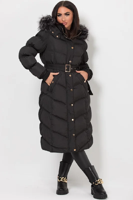 Black Long Puffer Coat With Fur Hood And Belt