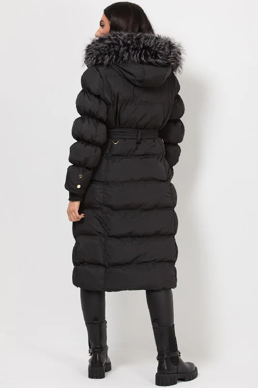 Black Long Puffer Coat With Fur Hood And Belt