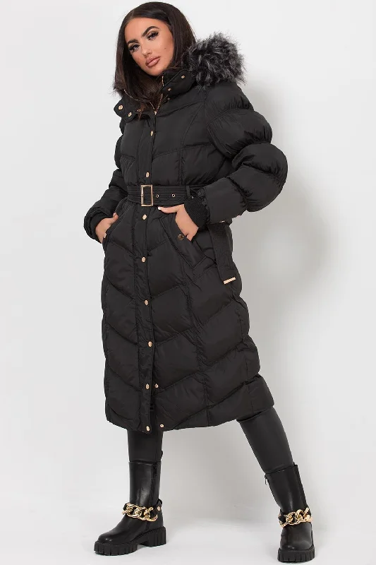 Black Long Puffer Coat With Fur Hood And Belt