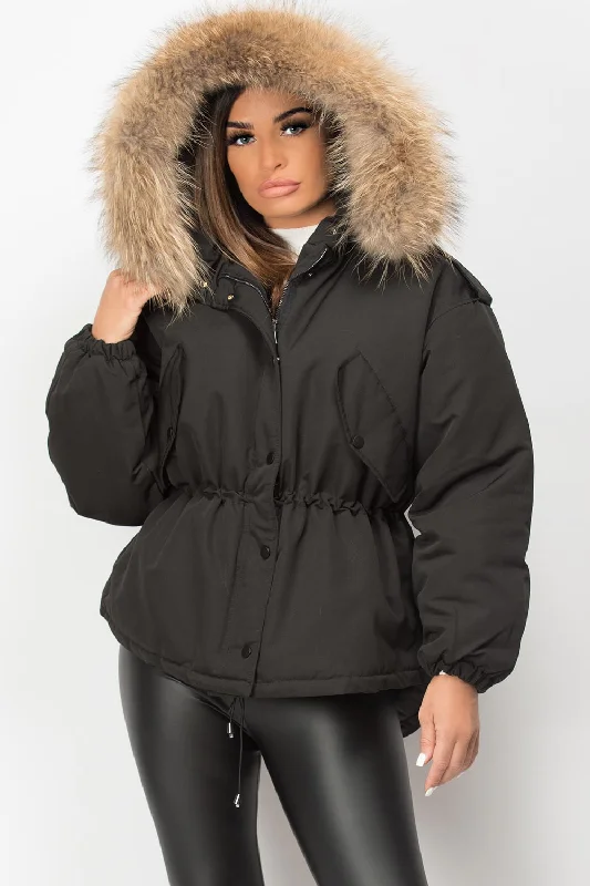 Black Natural Fur Hooded Parka Coat