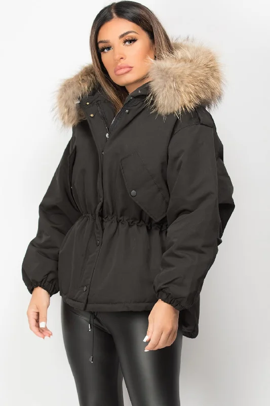 Black Natural Fur Hooded Parka Coat