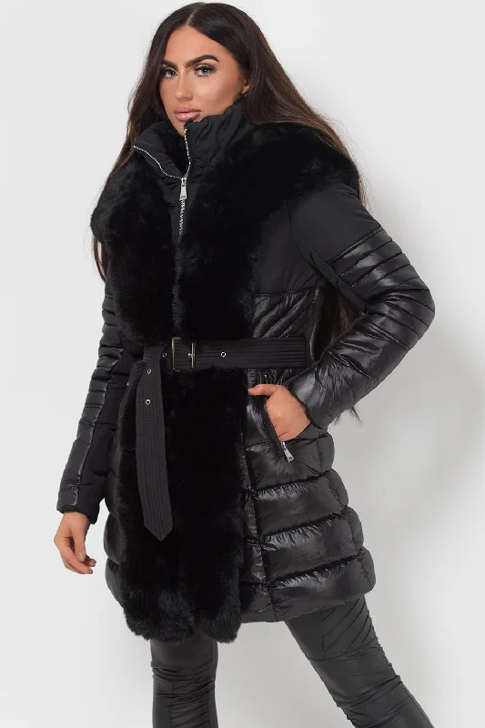 Black Puffer Coat With Faux Fur Hood And Trim