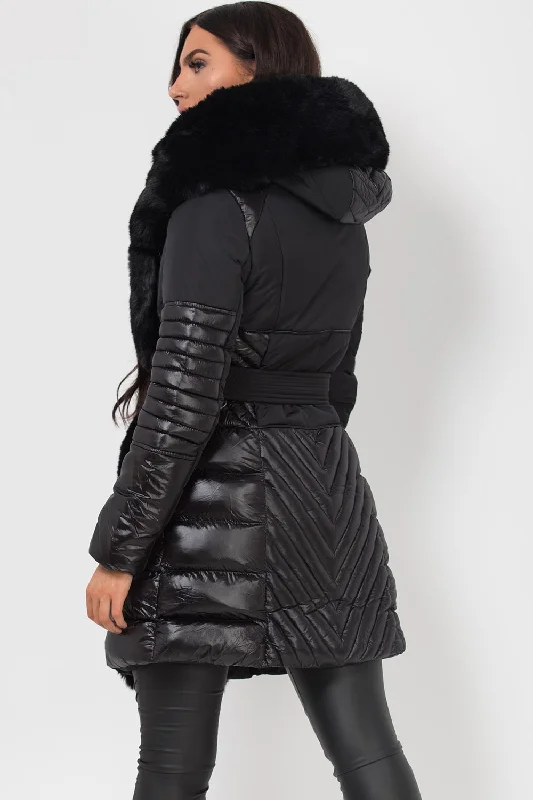 Black Puffer Coat With Faux Fur Hood And Trim