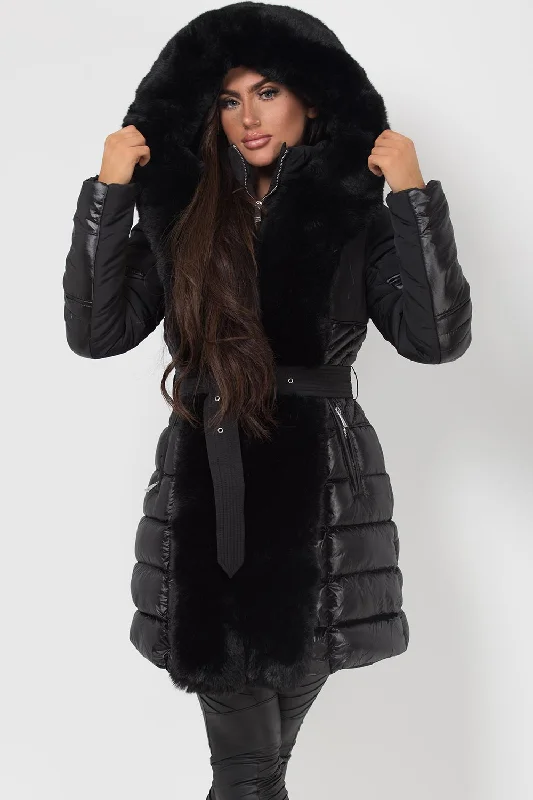 Black Puffer Coat With Faux Fur Hood And Trim