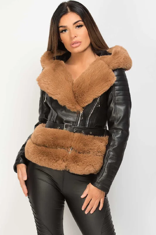 Brown Faux Fur Hooded Faux Leather Belted Jacket