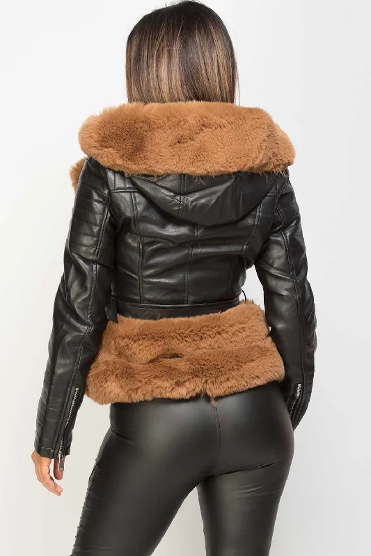 Brown Faux Fur Hooded Faux Leather Belted Jacket