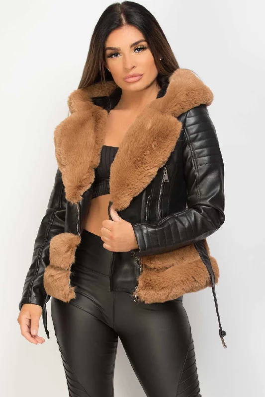 Brown Faux Fur Hooded Faux Leather Belted Jacket