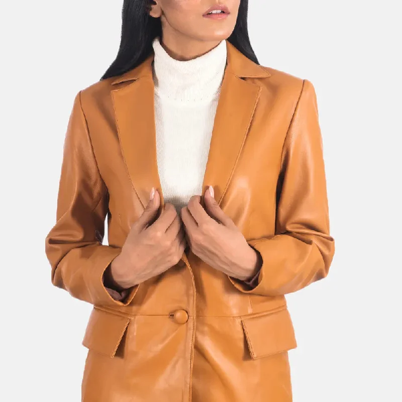 Tan Brown Leather Blazer with Leather Button Closure