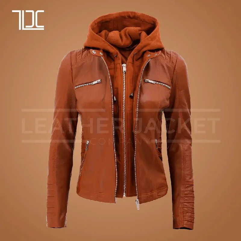 Convertible Hooded Leather Jacket Womens