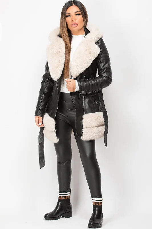 Cream Faux Fur Faux Leather Hooded Belted Jacket Black