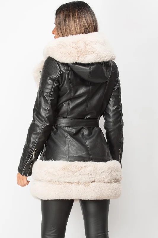 Cream Faux Fur Faux Leather Hooded Belted Jacket Black